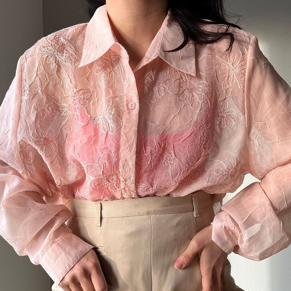 vtg 90s Alfred Dunner‎ Sheer Blouse Womens Size 12W floral peach shirt USA Made - Picture 5 of 9